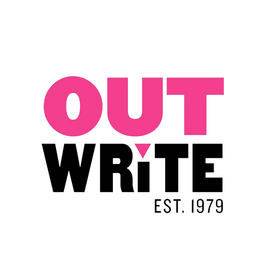 out write est 1979. hot pink and black circle logo.